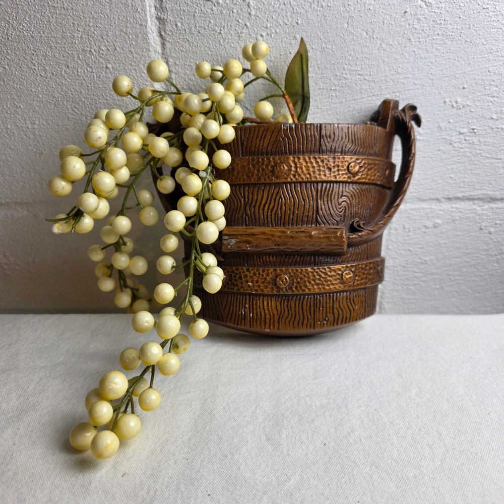 Vintage Sexton Hoda Metal Barrel Wall Planter Pocket Rustic Wood Grain Bronze